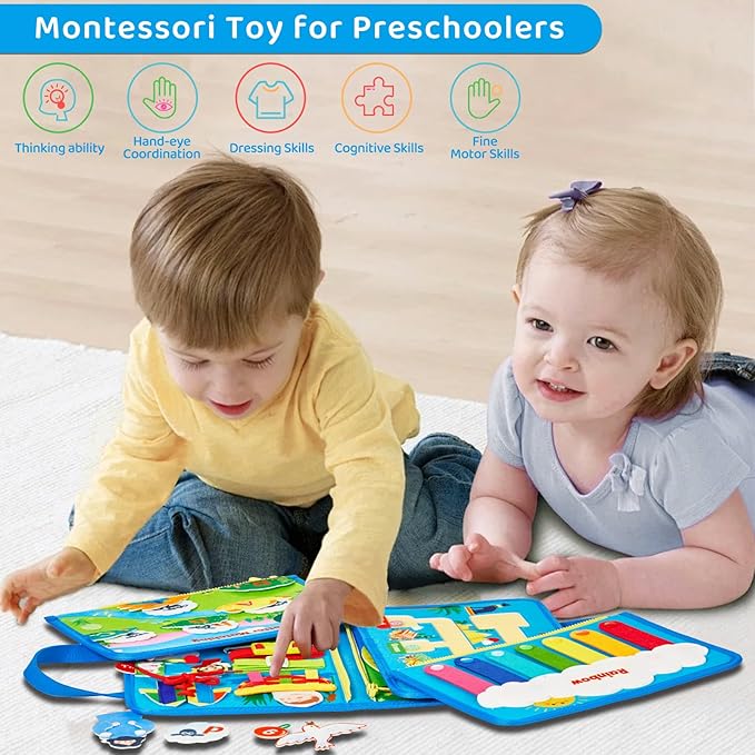 Busy Board Montessori Toys for 3 4 Year Old Boys & Girls Birthday Gifts, Educational Activity Sensory Board Preschool Learning Toys for Toddlers, Travel Toys for Airplane (Noah's Ark)
