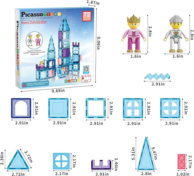 PicasssoTiles 72 Piece Magnetic Building Tiles Castle Winter Ice Theme Construction Magnet Block Set with Princess Prince Character Stairs Windows Doors STEM Learning Educational Toy Kids Ages 3+ PT72