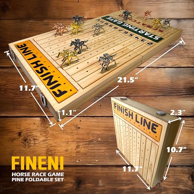 Horse Racing Game for Adults, Foldable Horse Race Board Game with 11 Luxurious Metal Horses (Gold, Silver, Black, RoseGold), 22” Pine Wood Horse Race Game Board, Dice & RoseGoldCard (Log Color)