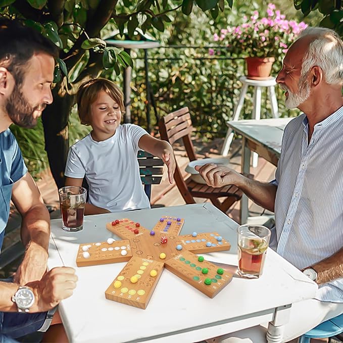 Marble Board Game, Wooden Board Game for 4 and 6 Players, Portable Original Marble Game with 24 Marbles 12 Dice for Family Friends Party Game Night