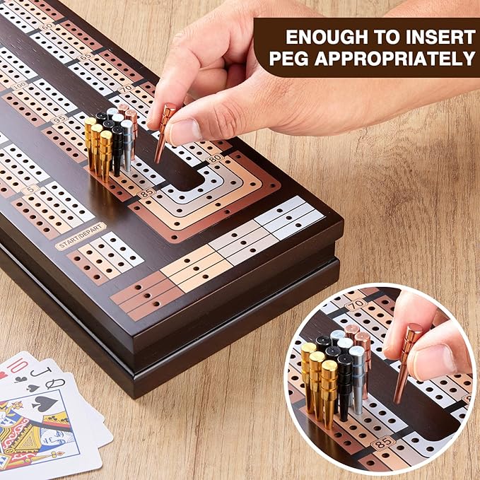 VAMSLOVE Upgraded Wooden 4-Track Cribbage Board Game Magnetic Scoreboard with Large Slots for Storing 2 Playing Cards and 12 Metal Pegs, Travel Family Game Night (Instruction Included)