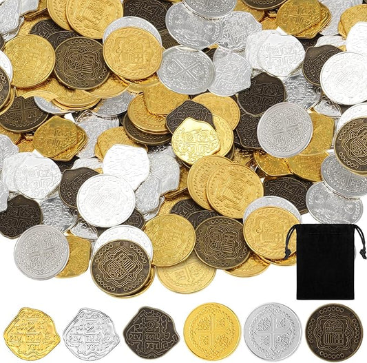 Hanaive 100 Pcs Metal Pirate Coins Treasure Chest Spanish Doubloon Fake Coins Tokens for Kids Board Games Pirate Party Cosplay (Groovy Style)