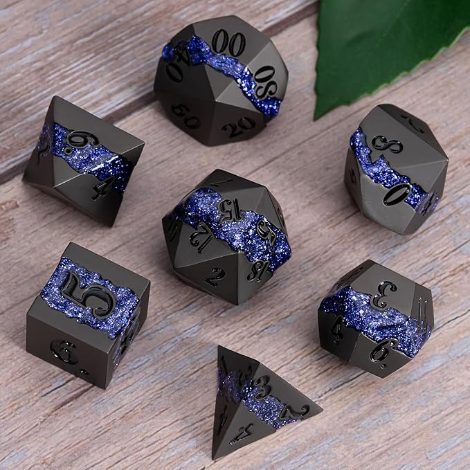 Metal DND Polyhedral Dice,Large Stripe Glitter Metallic Dice Set,Antique Silver Dice 7pcs Set for Role Playing Games(Pearl Gun Purple)