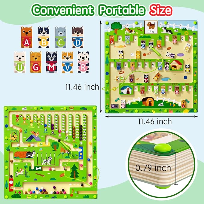 2 in 1 Magnetic Color and Number Maze Magnet Alphabet Counting Dog Puzzle Double Sided Board Fine Motor Skills Montessori Educational Preschool Toys for Boys and Girls 3-5 Age (Wood, One Size)