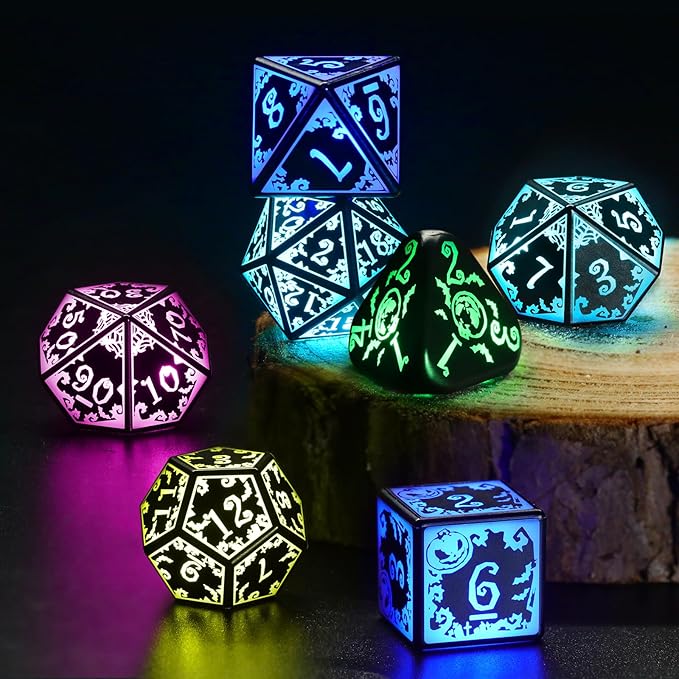 Light Up DND Dice Set Rechargeable with Charging Case for Dungeons and Dragons LED Dice Set D and D 7 Color Polyhedral Role Playing RPG Dice for Tabletop DND Gifts (Pumpkin RGB)