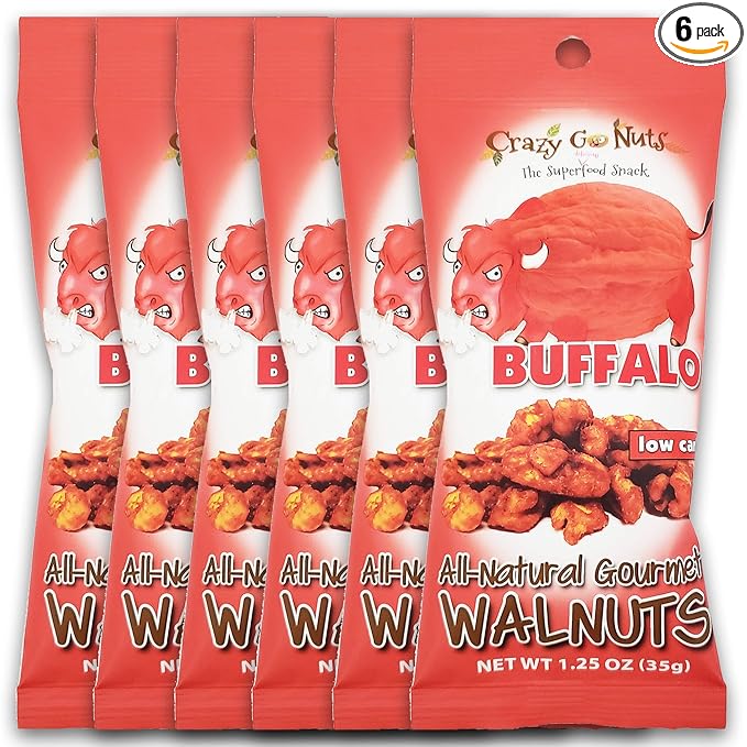 Crazy Go Nuts Walnuts Buffalo - Glazed Walnuts, Healthy Snacks, Vegan, Low Carb, Gluten Free, Superfood-Natural, Non-GMO, ALA, Omega 3 Fatty Acids, Good Fats, and Antioxidants - 1.25 Oz, 6-Pack