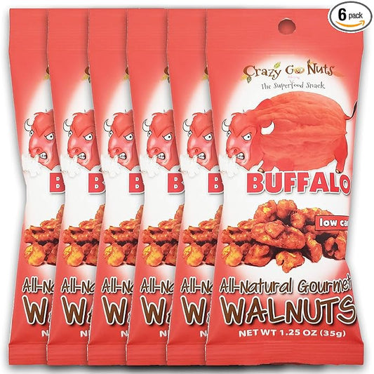 Crazy Go Nuts Walnuts Buffalo - Glazed Walnuts, Healthy Snacks, Vegan, Low Carb, Gluten Free, Superfood-Natural, Non-GMO, ALA, Omega 3 Fatty Acids, Good Fats, and Antioxidants - 1.25 Oz, 6-Pack