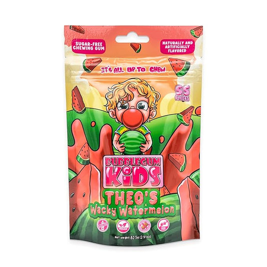 Bubblegum Kids Sugar Free Gum - For Kids and Adults - Vegan Friendly - Retro, Parent Approved Bubble Gum with Burst of Sweet Flavor - Theo's Wacky Watermelon (Watermelon Flavor)