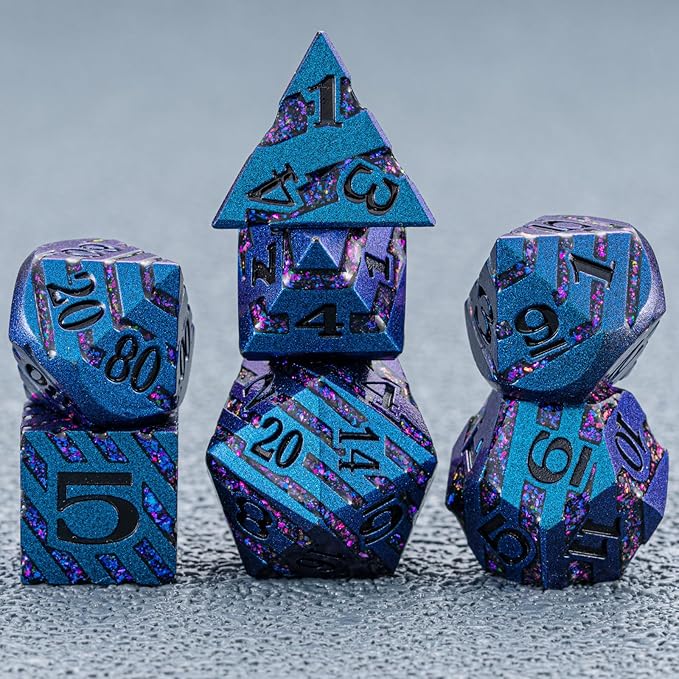 Metallic Glitter Stripes D&D Dice Set,7 PCS Polyhedral Dice Set with Gift,RPG Metal Dice Set Dungeons and Dragons Tabletop Game (Blue+Light Purple)