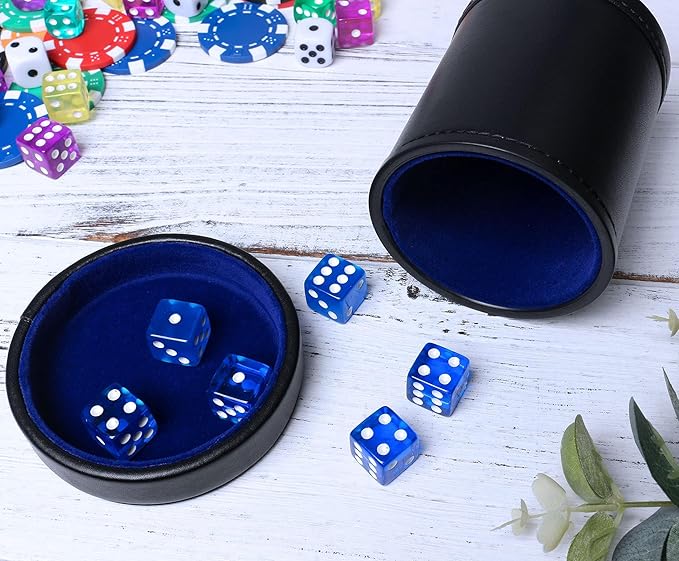 PU Leather Dice Cup with Lid, Blue Velvet Interior Quiet Dice Shaker Cup Including 6 BlueTranslucent Dice for Liars/Farkle/Yahtzee Games, 1 Pack