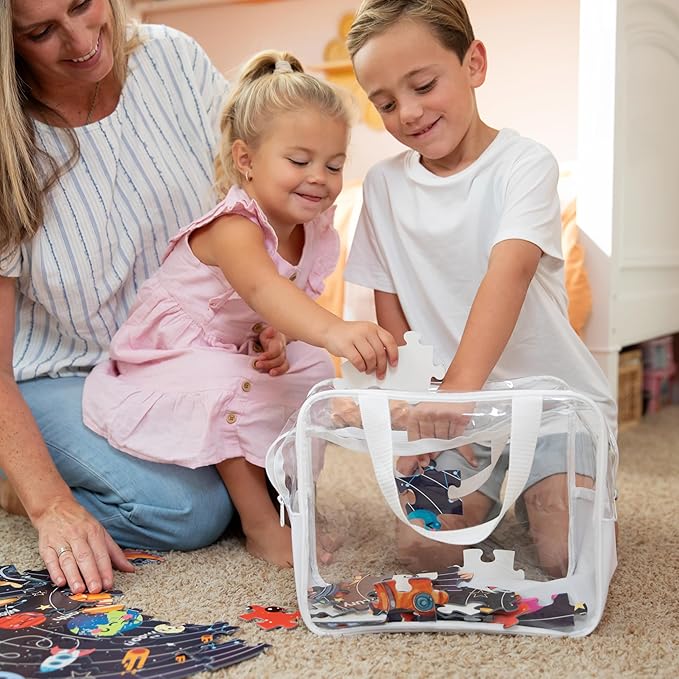 4 Pack Extra Large Toy Storage Clear Bags with Zipper 12"x10"x7" Clear Plastic Bins with Handle, Toy Organizer for Kids playroom, Blocks, Clothes, Stuffed Animal Storage