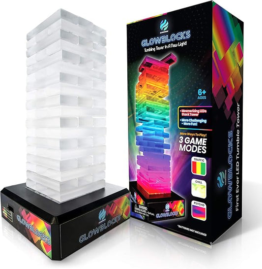 Glowblocks Light-Up Tumbling Tower Game, First Ever LED Building Blocks Stacking Game, Indoor Board Game for Kids and Adults for Family Game Night