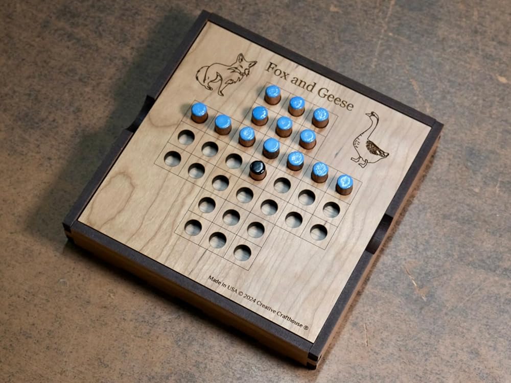Handcrafted Fox and Geese Game Board Set - 6" x 6" with Wood Travel Cover - Classic Strategy Game for All Ages - Inspired by Centuries of Tradition