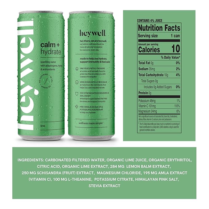 Heywell Sparkling Adaptogenic Water Calm and Restore, Lime Flavor 12 Fluid Ounce (Pack of 12) - Non Caffeinated, Organic, Non GMO, Vegan, Gluten Free, Dairy Free