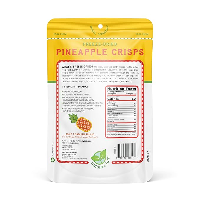 Nature’s Turn Freeze-Dried Pineapple Crisps – Healthy, Gluten-Free, Crispy & Delicious, Plant-Based Snack, Ideal for Cereal, Smoothies, School Lunches, & On-the-Go, Pack of 6 (0.53 oz Each)