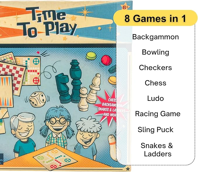 Neato Time to Play 8-in-1 Wooden Board Game Set – Chess, Checkers, Backgammon, Bowling, Sling Puck, Snakes and Ladders, Racing – Classic Family Game for Kids & Adults – Great for Game Night & Travel
