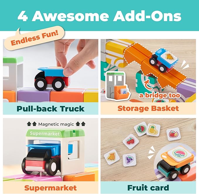 QBI Magnetic Blocks for Toddlers Ages 2-4｜STEM Magnetic Building Blocks with Trucks & Fruit Plates｜Montessori Magnet Building Cubes for Kids｜Educational Gifts for Boys & Girls Ages 2+ (32PCS)