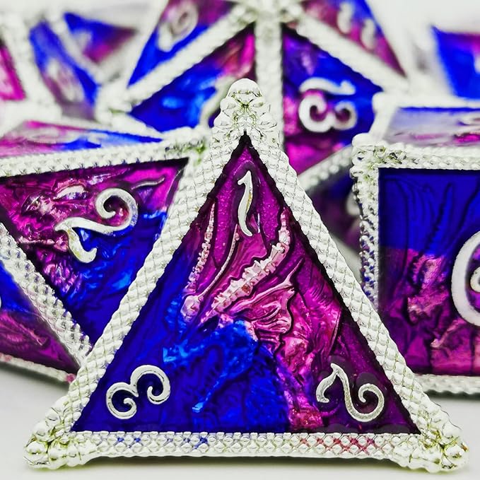 HAOMEJA DND Dice Metal Dragon Set Dice 7 Role Playing Dice D&D Solid Dice Dungeons and Dragons (Silver Blue Purple)