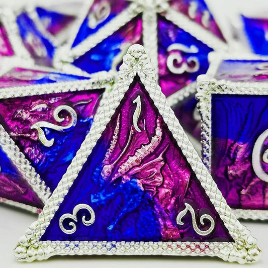 HAOMEJA DND Dice Metal Dragon Set Dice 7 Role Playing Dice D&D Solid Dice Dungeons and Dragons (Silver Blue Purple)