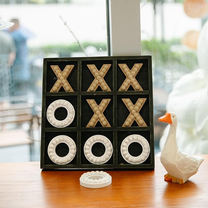 GENMOUS Wooden Tic Tac Toe Game Board for Seniors Family Indoor Game, 10.6 Inch Black Rustic Giant Tic Tac Toe Coffee Table Decor, Tic Tac Toe Board Game Fun for Family Travel Outdoor Game Room Decor