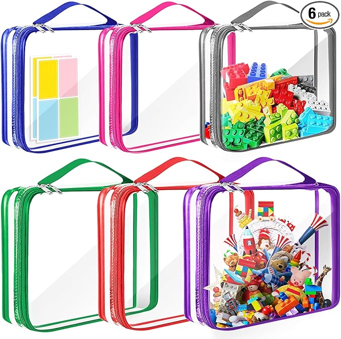 AOBOPLE 6 Packs Toy Storage Bags with Zipper,2 Size Clear Toy Organizer Bags,Waterproof Lego Organizers and Storage,Toy Bags for Board Games,Building Blocks,Puzzles,Kids Books