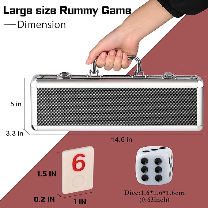 Doublefan Rummy 106 Tiles Large Rummy with 4 Sturdy Racks& Instructions Rummy Tiles with Aluminum Case Suit for 2-4 Players