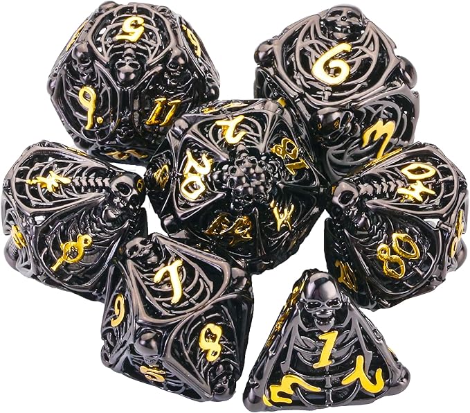 Metal DND Dice Set Skull Dungeons and Dragon Dice Set Hollow Polyhedral Magic 7 PCS Dice Set with Gift Metal Box for Dungeons and Dragons Table Games Play Cards MTG(Skull_Black Plus Gold)