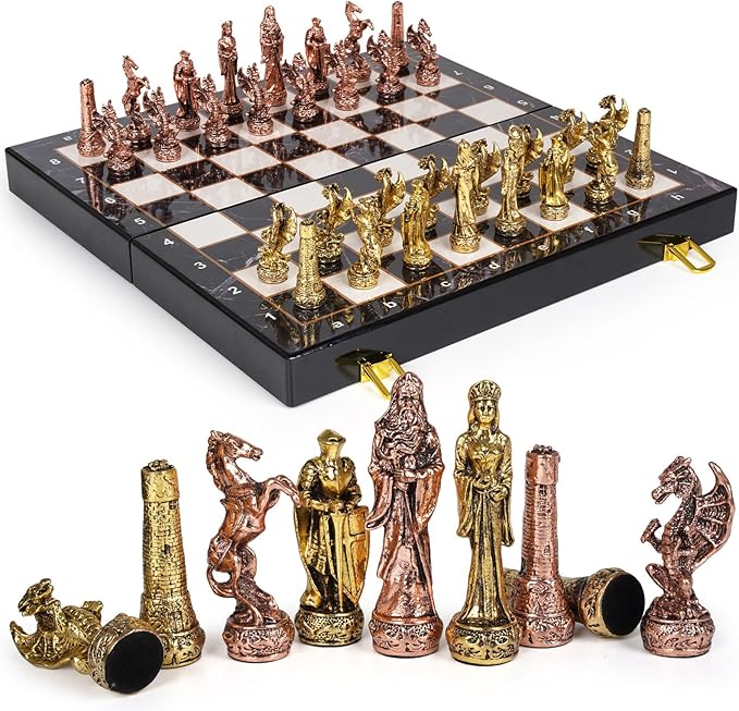 Large Vintage Metal Chess Set for Adults and Kids – Marbling Chess Board with Metal Chess Pieces 15" Travel Chess Set with Metal Chessmen – Collectible Elegant Chess Game – Family Vintage Board Game