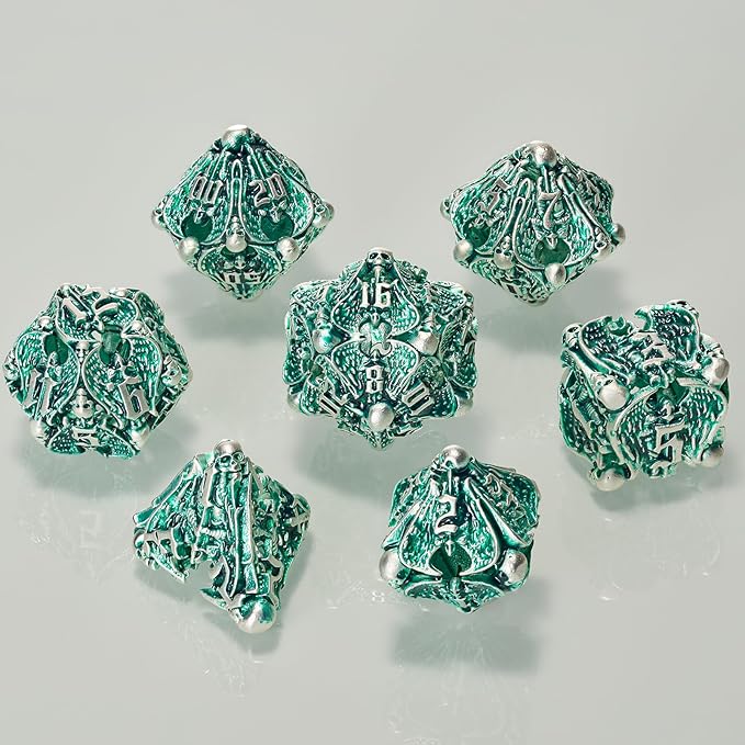 DND Dice,HNCCESG Hollow Metal Set 7 Pcs for Dungeons and Dragon,D and D GIFS of Tabletop Game (Matte Green White Skull)