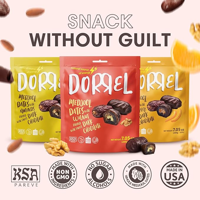 DORREL - Trio Bundle Pack: Belgian Dark Chocolate Covered Dates Medjool with Candied Orange Peels, Salted Almonds & Walnuts Stuffing, High Energy Kosher Non-GMO Vegan Choco Snack Pack of 3, 7.05 oz Ea