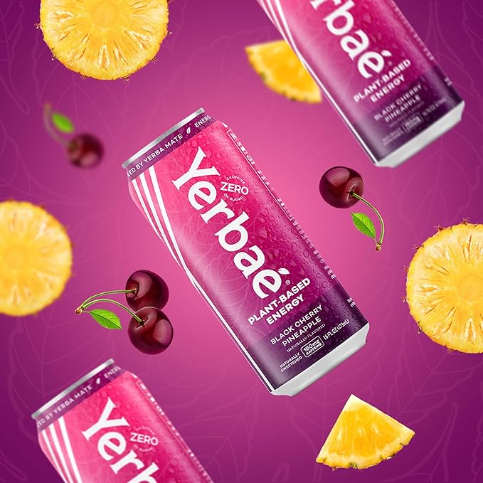 Yerbaé Energy Beverage - Black Cherry Pineapple, 0 Sugar, 0 Calories, 0 Carbs. Yerbae is Energized by Yerba Mate, Plant-Based, Healthy Alternative to Sugary Drinks, 16oz cans (12 Pack)