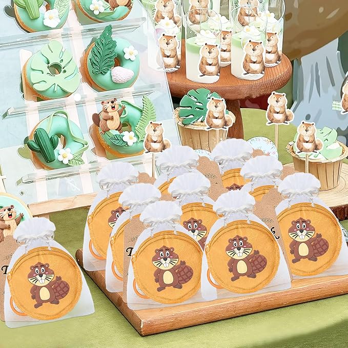 36 Pack Beaver Change Purses Set Include 12 Wallets with Keyring, 12 Thank You Tags and 12 Organza Bags for Safari, Jungle Baby Shower,Wild ONE First Birthday, Castor Decoration,Khaki