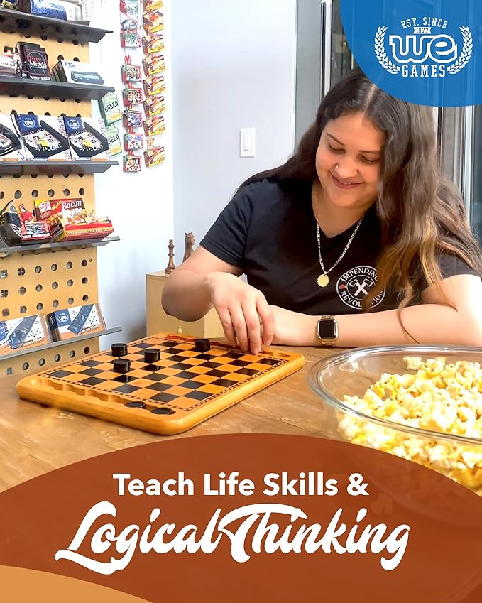 WE Games Solid Wood Checkers Board Game – 14.5-Inch Vintage Checkers Set with Inset Grooves & 24 Red & Black Board Game Pieces – Fun Family Table Game