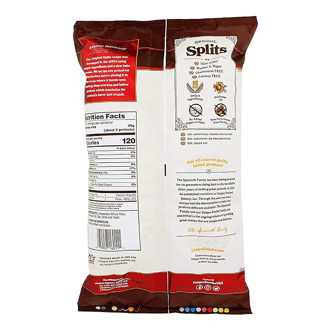 Unique Snacks Original Splits Pretzels, Delicious Homestyle Baked Snack Bag, OU Kosher, and Non-GMO Food, No Artificial Flavor, 16 Oz. Bags, Pack of 12