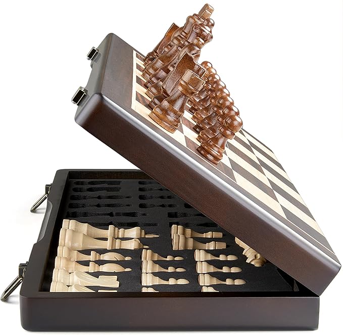 Magnetic Wooden Chess Set for Adults Kids,15" Folding Chess Board with Wood Texture 2 Extra Queens - Handmade Pieces Travel Board Games for Professional Beginner