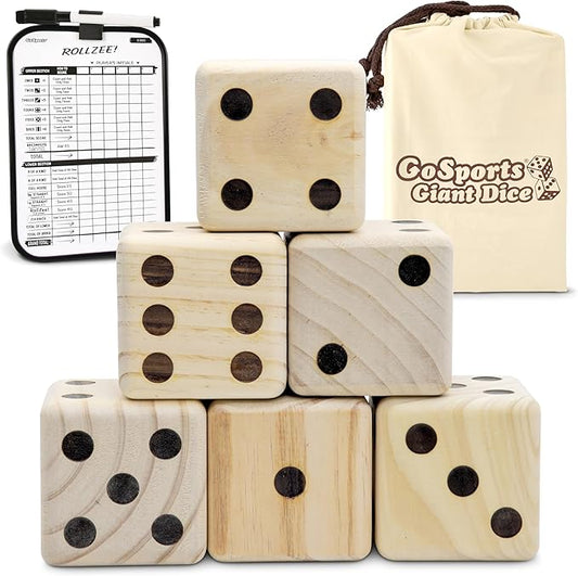 GoSports Giant Wooden Playing Dice Set with Rollzee and Farkle Scoreboard - Includes 6 Dice, Dry-Erase Scoreboard and Canvas Tote Bag - Choose 2.5 Inch or 3.5 Inch Dice)