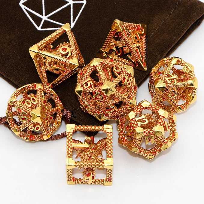 D&D Metal Dice Set - 7pc Polyhedral for Dungeons and Dragons, Role Playing, Table Games, RPG Shadowrun - Hollow Gaming Gift (Gold Red)