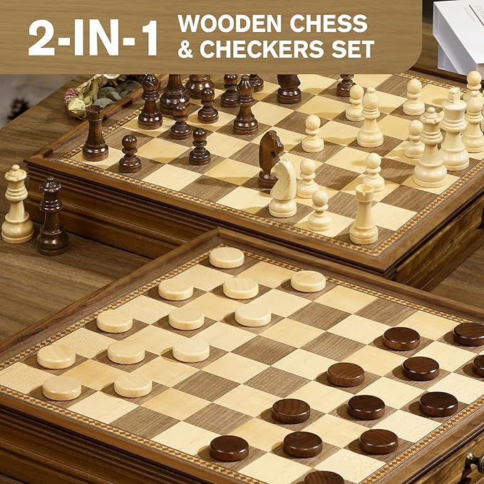 Peradix Magnetic Chess Checkers Board Sets with 2 Built-in Storage Drawers,15" Classic 2 in 1 Wooden Games with 2 Extra Queens for Kids and Adults,Travel Portable Chess Game Set