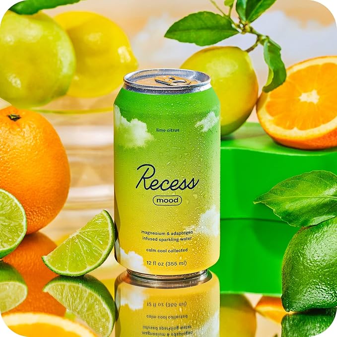 Recess Mood Magnesium & Adaptogen Drink, Relaxation Beverage, 12 ounce (Lime Citrus, 12 pack)