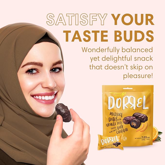 DORREL - Belgian Dark Chocolate Covered Dates (Medjool) with Candied Orange Peels Stuffing, High Energy Vegan Choco Snack, Tasty, Kosher & Non-GMO, Pack of 3 Stuffed Chocolate Dates 7.05 oz / 200 g Ea