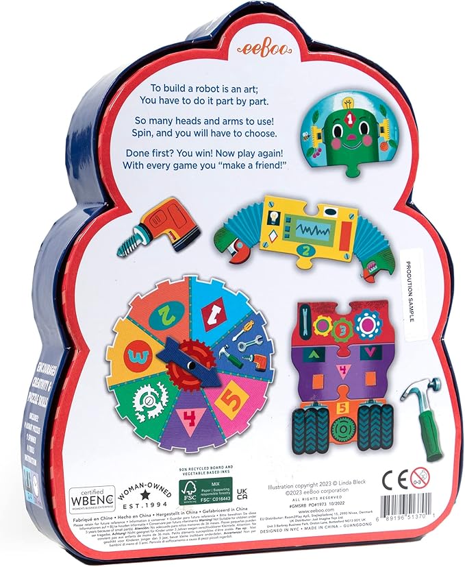 eeBoo: Build a Robot Spinner Game, Combines Simple Numbers with Fun, 2 to 4 Players, 15-30 Minute Play Time, Encourages Imaginative Play, for Ages 3 and up