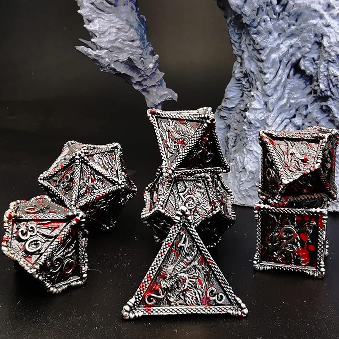 HAOMEJA Metal Dragon Dice Set DND 7 Set Dice Role Playing Dice D&D Dungeons and Dragons (Blood Silver)