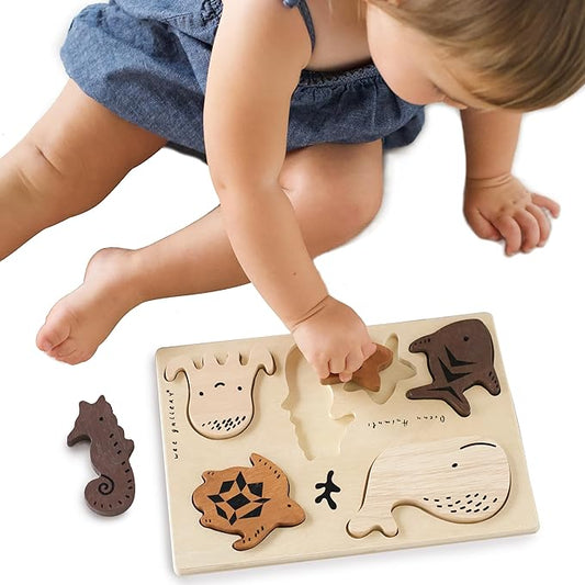 Wee Gallery Wooden Tray Puzzle Ocean Animals, Montessori Toy for Toddlers and Preschoolers for Early Learning and Fine Motor Skill Development, Sustainable Educational Puzzle for Kids
