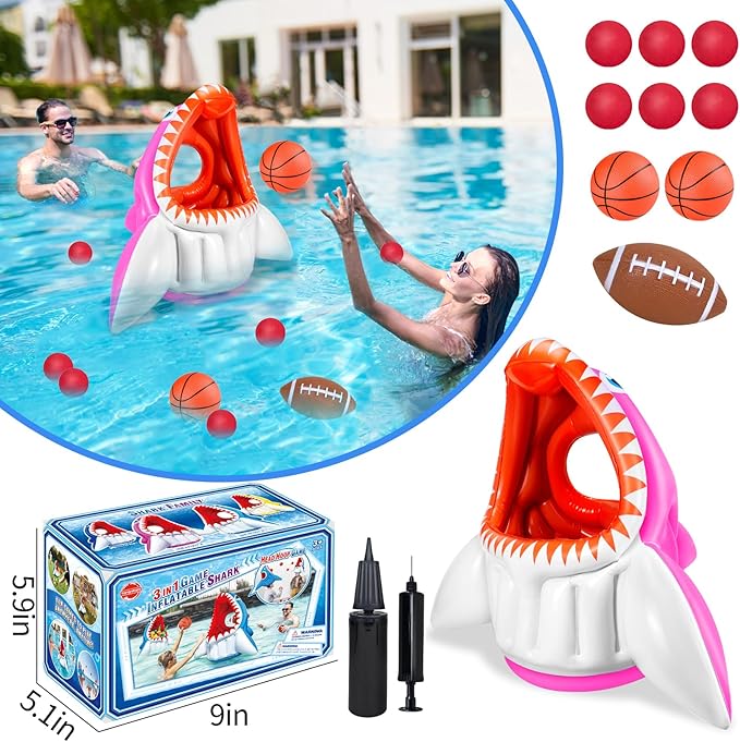 Shark Pool Toys, 3-in-1 Inflatable Pool Floats Basketball & Football & Head Hoop Toss Water Games Fun Beach Outdoor Activities for Kids Adults, Family Party Gift for Boys Girls 3 4 5 6 7 8 9