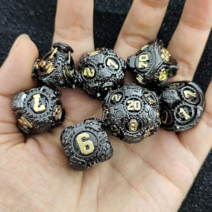 Geakeeper Construct D&D Dice, Metal DND Dice Set, 7Pcs Polyhedral Dragon Metallic D&D Dice with Gift Case for Dungeons and Dragon Game, RPG Role Playing Table Game Gifts (Black Gold)