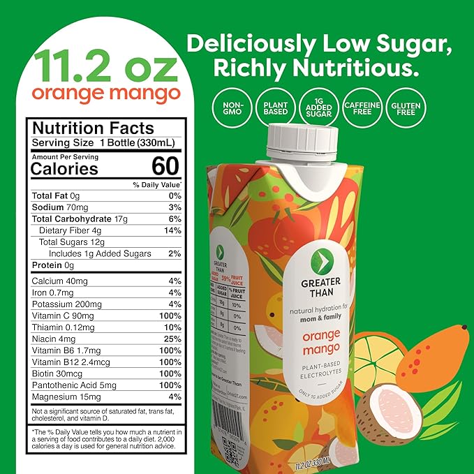 Greater Than Nutrient Hydration Beverage, Electrolyte Drink for Gut Health & Energy with Coconut Water, Vitamins, Gluten Free, Plant Based, Low Sugar, Orange Mango, 12 Pack