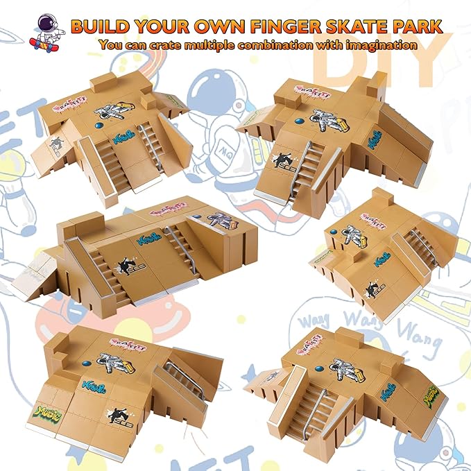 Fingerboard Skate Park Kit - Finger Skateboard Ramp Set with 8 Skatepark Deck Ramp and 4 Finger Skateboards, Astronaut Customization Fingerboard Skatepark for Boys Girls Gift