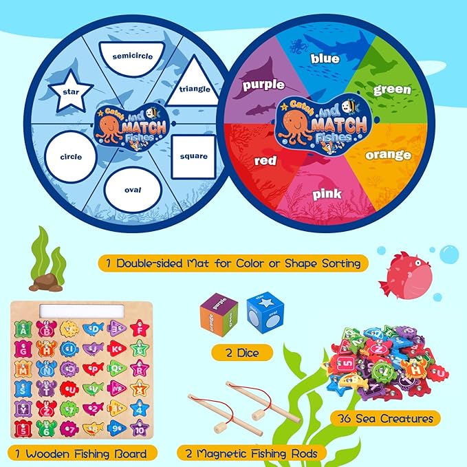 Alphabet Fishing Game - Wooden ABC Letter Puzzle for Toddlers 3-5 Years Old, Fine Motor Skills Toy, Birthday Gift for Kids