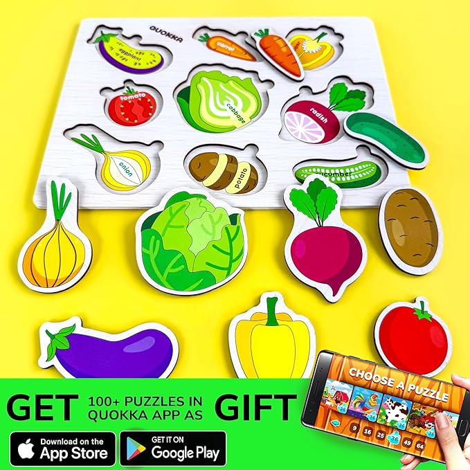 QUOKKA Wooden Puzzles for Toddlers 1-2 – 4 Set Pegged Puzzles for Kids Ages 1-2 – Veggies Learning Toy for Kids – Gift Realistic Educational Game for Boy and Girl