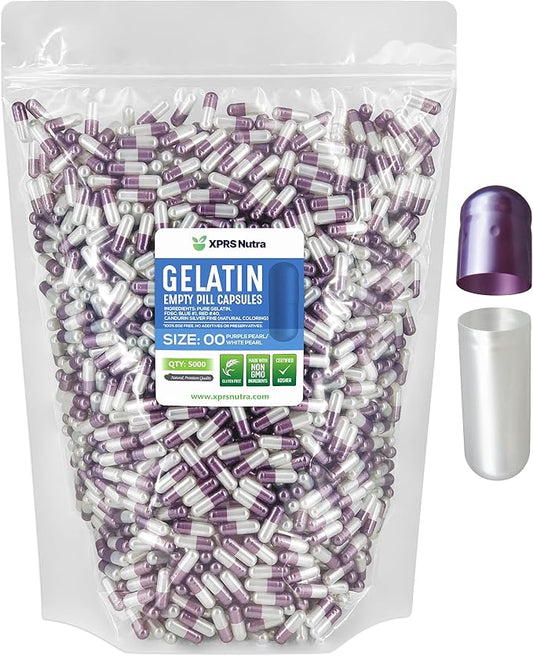 XPRS Nutra Size 00 Empty Capsules - 5000 Count Empty Gelatin Capsules - Pill DIY Capsule Filling - Fillable Pills Gel Caps (Purple Pearl/White)